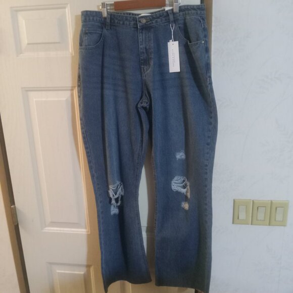 Hustle N Holla W Distressed Raw Hem Natalia Wide Leg Jeans Size 14W NWT - Picture 4 of 8